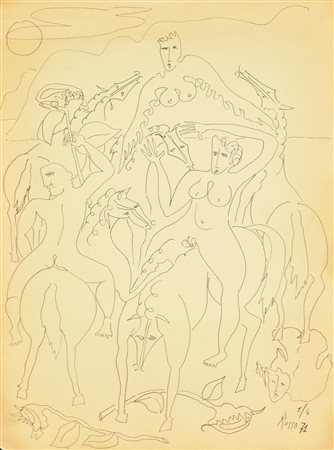 Russo CAVALLERIA pennarello su carta, cm 40x30 firma e data eseguito nel 1971