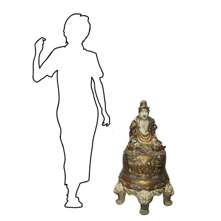 Buddha in maiolica policroma Satsuma giapponese, base rotonda con sei piedi leonini, interamente decorato e dipinto a mano con applicazioni dorate, Fine 19° secolo