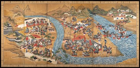  
PARAVENTO A SEI ANTE DIPINTO A INCHIOSTRO, COLORI E ORO SU CARTA 
 