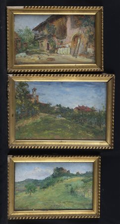 CESARE BISCARRA<BR>Torino 1866 - 1943<BR>a. "Paesaggio"<BR>b. "Veduta di casa di campagna con cortile"<BR>c- "Paesaggio"