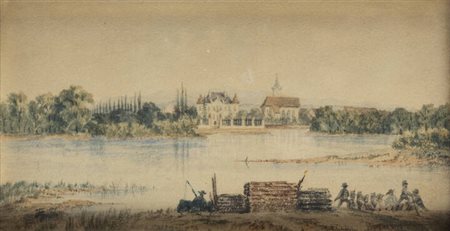 PITTORE ANONIMO DEL XIX SECOLO<BR>"Paesaggio fluviale con figure"