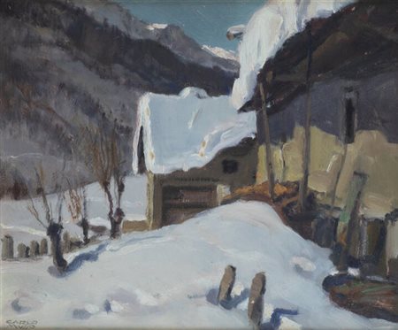 CARLO MUSSO<BR>Balangero (TO) 1907 - 1968<BR>"Casolari di Acceglio (Alpi Marittime)"