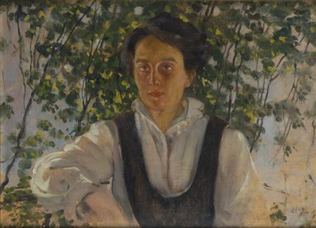 GIOVANNI GUARLOTTI<BR>Galliate (NO) 1869 - 1954 Torino<BR>"Ritratto femminile a mezzo busto in un esterno"