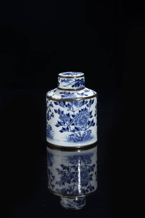 PORTA THE'<BR>Porta thé cilindrico in porcellana bianca e blu