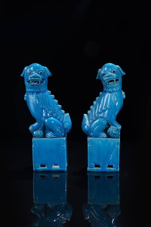 COPPIA DI CANI DI PHO<BR>Coppia di cani di Pho in porcellana blu turchese