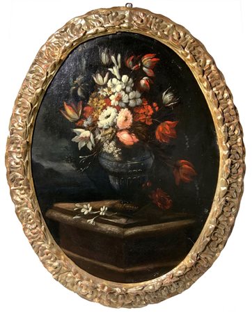 Mario Nuzzi Mario de' Fiori (attribuito_a) (Roma 1603-Roma 1673)  - Trionfo di fiori in vaso di bronzo su piano di pietra, 17° secolo