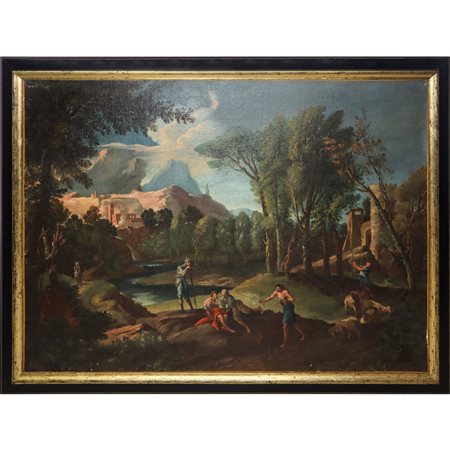 Andrea Locatelli (Roma 19.02.1695-Roma 19.02.1741)  - Paesaggio laziale con personaggi, 17° secolo