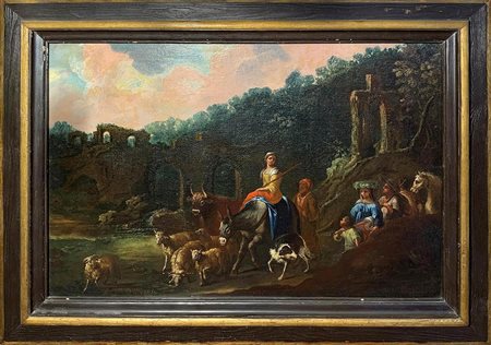 Nicolaes Pietersz Berchem (attribuito a) (Haarlem 1620-Amsterdam 1683)  - Scena pastorale con personaggi ed armenti, 17° secolo