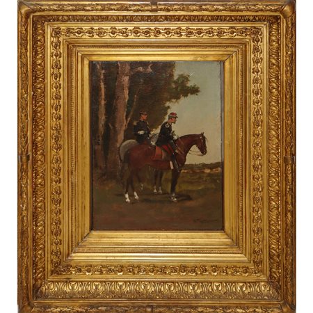 Georges Louis Hyon (Parigi 1840-1909)  - Dipinto di soldati a cavallo di vedetta