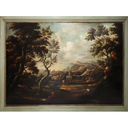 Pittore fiammingo italianizzante - Paesaggio con personaggi e tempio sullo sfondo