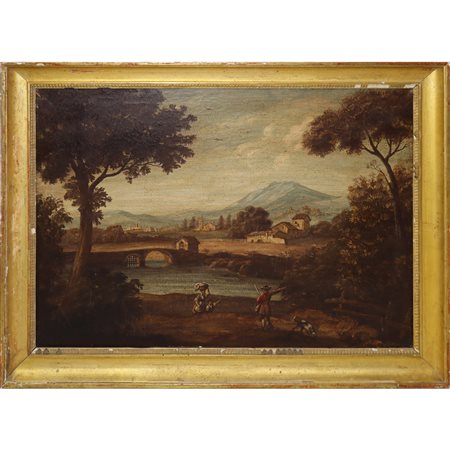 Paesaggio fluviale con ponte e personaggi, 18° secolo