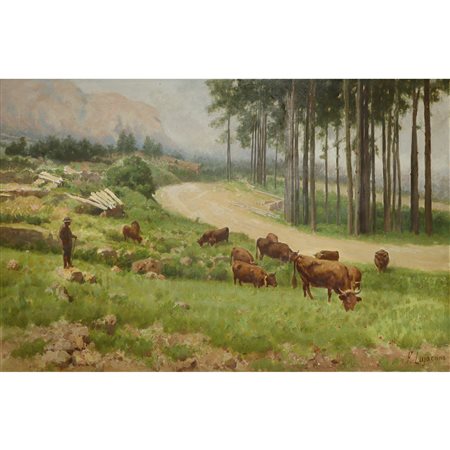 Francesco Lojacono (Palermo 1838-Palermo 1915)  - Paesaggio campestre con alberi e armenti lungo una strada delle Madonie