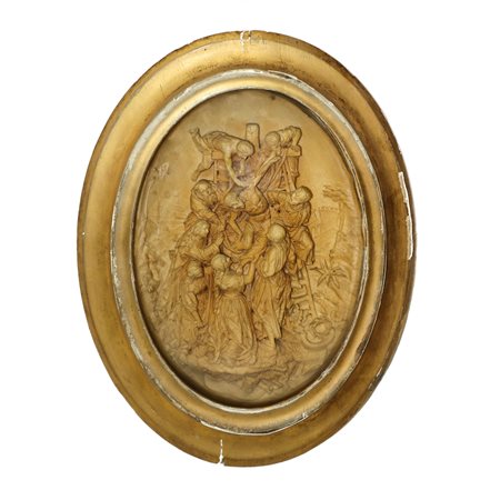Deposizione di Cristo, scultura a rilievo in schiuma di mare entro cornice ovale, nineteen° secolo