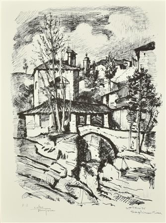 Celso Tempia PAESAGGIO BIELLESE litografia su carta, cm 50x35, es p.a. firma