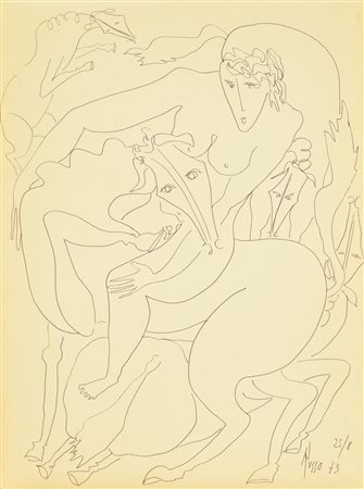 Russo LA CAVALCATA pennarello su carta, cm 40x30 firma e data eseguito nel 1973