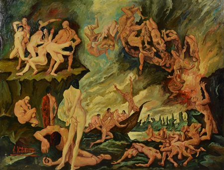 Ignoto ANIME DANNATE AL GUADO DEL COCITO olio su tela, cm 60x80 firma Restauri