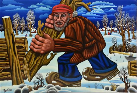 Turiddo Forini IL BOSCAIOLO, 1980 olio su faesite, cm 70x100 firma e data sul...