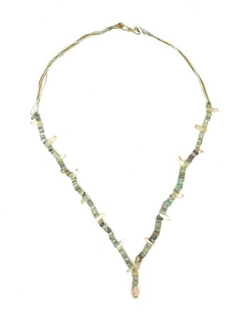 SOTTILE COLLANA IN FAIENCE verde, bianca e azzurra con vaghi circolari ed...