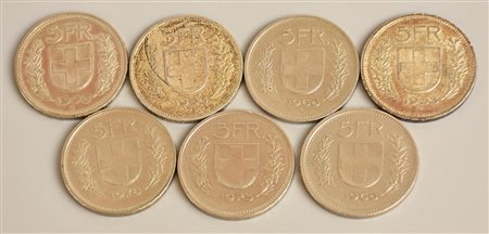 LOTTO DI 5 FRANCHI SVIZZERI composto da 7 monete da 5 franchi, di cui 2 in...