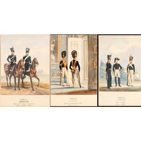  
Lotto di tre stampe raffiguranti figure in uniforme dell'esercito imperiale russo 
 