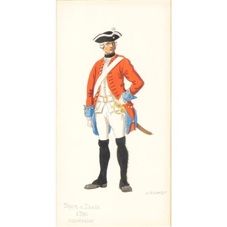  
Goauche raffigurante moschettiere del 18 secolo . Firmato L. Scharf 
 