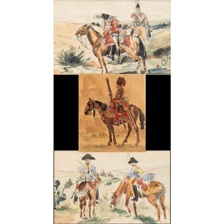  
Tre gouaches raffigurantio soldati in uniforme del secolo XVIII (due siglati al centro) 
 