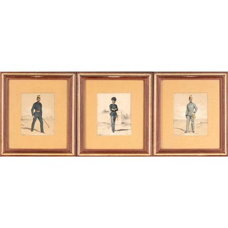  
Lotto di tre stampe acquarellate raffiguranti militari in uniforme 
 