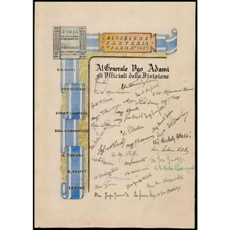 
Foglio con dedica a Generale Ugo Adami dagli ufficiali della Fanteria Parma Militaria...
 
