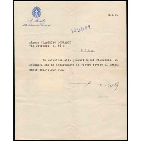  
Lettera dattiloscritta firmata Bottai Miscellanea...
 