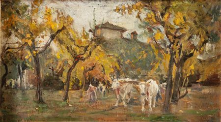 Cesare Ciani (Firenze 1854 - 1925), “Paesaggio con buoi”