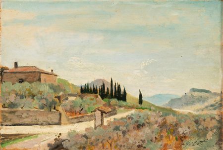 Lorenzo Gelati (Firenze 1824 - 1895), “Paesaggio toscano con cipressi”.