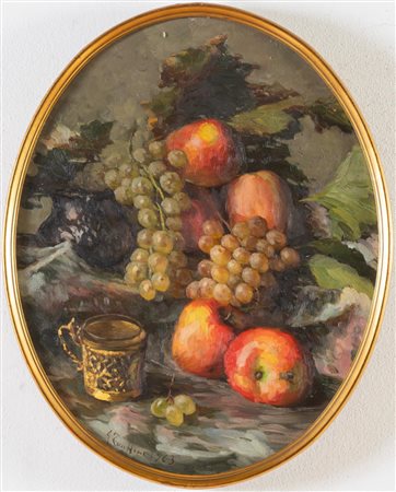 Agostino Zucchini (Fiesso di Budrio 1894 - Bologna 1972), “Natura morta con frutta e coppa”, 1963.