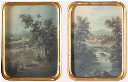 Artista del XIX – XX secolo, Coppia di dipinti raffiguranti “Paesaggi”.
