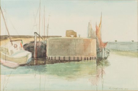 Giuseppe Gagliardi (Bologna 1902 – 2005), “Porto con barche”, 1950.