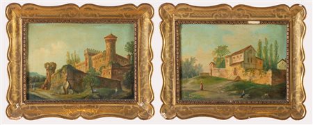 Anonimo del XIX – XX secolo, Coppia di dipinti raffiguranti “Villa di campagna” e “Veduta con castello”. 
