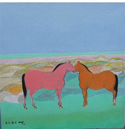 Cesetti GIuseppe Tuscania 1902 - Tuscania 1990 2 Cavalli Olio su tela 70 x 70...