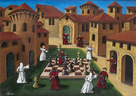 Ulisse Osimo 1957 Grande sfida a scacchi Olio su tavola 70 x 50 cm Firmato in...