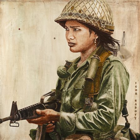 Sadovy Igor Jeltie Vody 1963 Donna soldato Olio su faesite 80 x 80 cm Firmato...