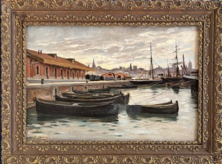 Clemente Crova di Vaglio Torino 1850 - 1921 Barche nel porto