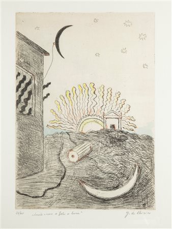 Giorgio De Chirico (Volo 1888-Roma 1978) Sole e Luna Incisione acquarellata...