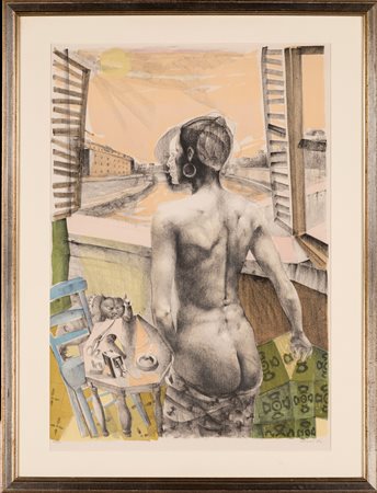 Ugo Attardi (Genova 1923-Roma 2006) Figura di donna al davanzale 1984...