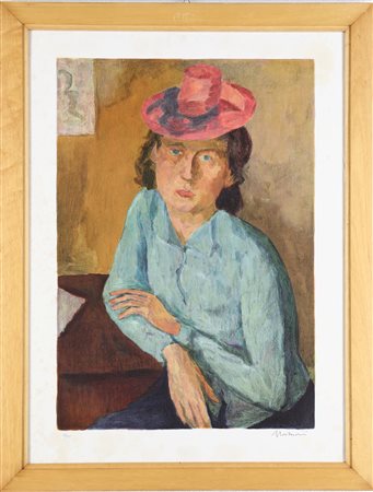 Luigi Montanarini (Firenze 1906-Roma 1998) Donna con cappello Litografia cm...