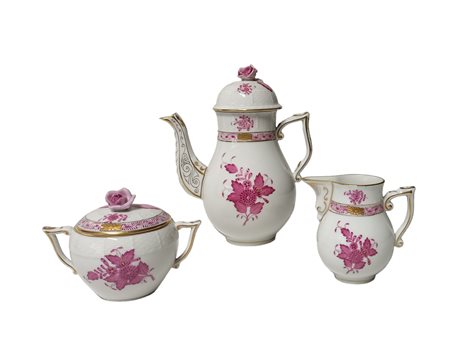 HEREND - CAFFETTIERA ZUCCHERIERA E LATTIERA FORMA OZIER MODELLO APPONYI ROSA...