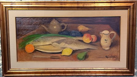 LUCIANO RICCHETTI (1897-1977) NATURA MORTA CON PESCI - OLIO SU TELA CM.45X100...