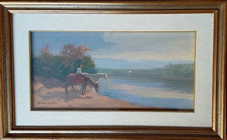 ERNESTO GIACOBBI (1891-1964) PAESAGGIO CON CAVALLI - OLIO SU MASONITE...