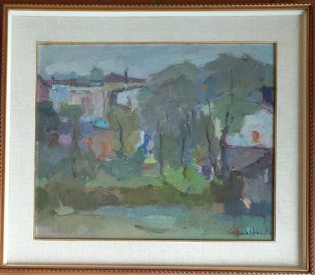 GIACOMO MALFANTI (1907-1998) PAESAGGIO CON CASE - OLIO SU MASONITE CM.48X58...