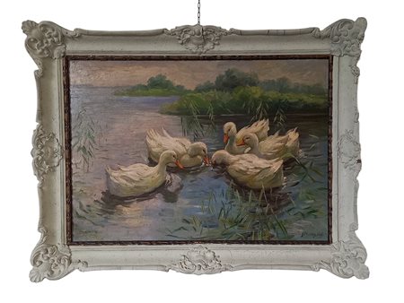 FIRMA INDECIFRATA - ANATRE NELLO STAGNO - OLIO SU CARTONE CM.50X70 FIRMATO IN...