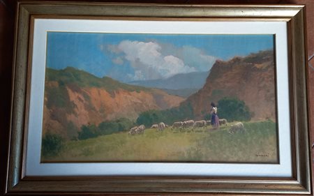 ERNESTO GIACOBBI (1891-1964) PAESAGGIO CON PASTORELLA E GREGGE - OLIO SU...
