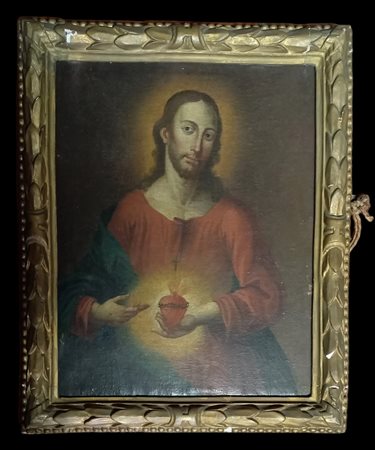 SACRO CUORE - ANTICO OLIO SU TELA CM.56X44 - CORNICE ANTICA - DIFETTI