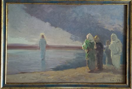 ERNESTO GIACOBBI (1891-1964) GESU' CAMMINA SULLE ACQUE - OLIO SU MASONITE...